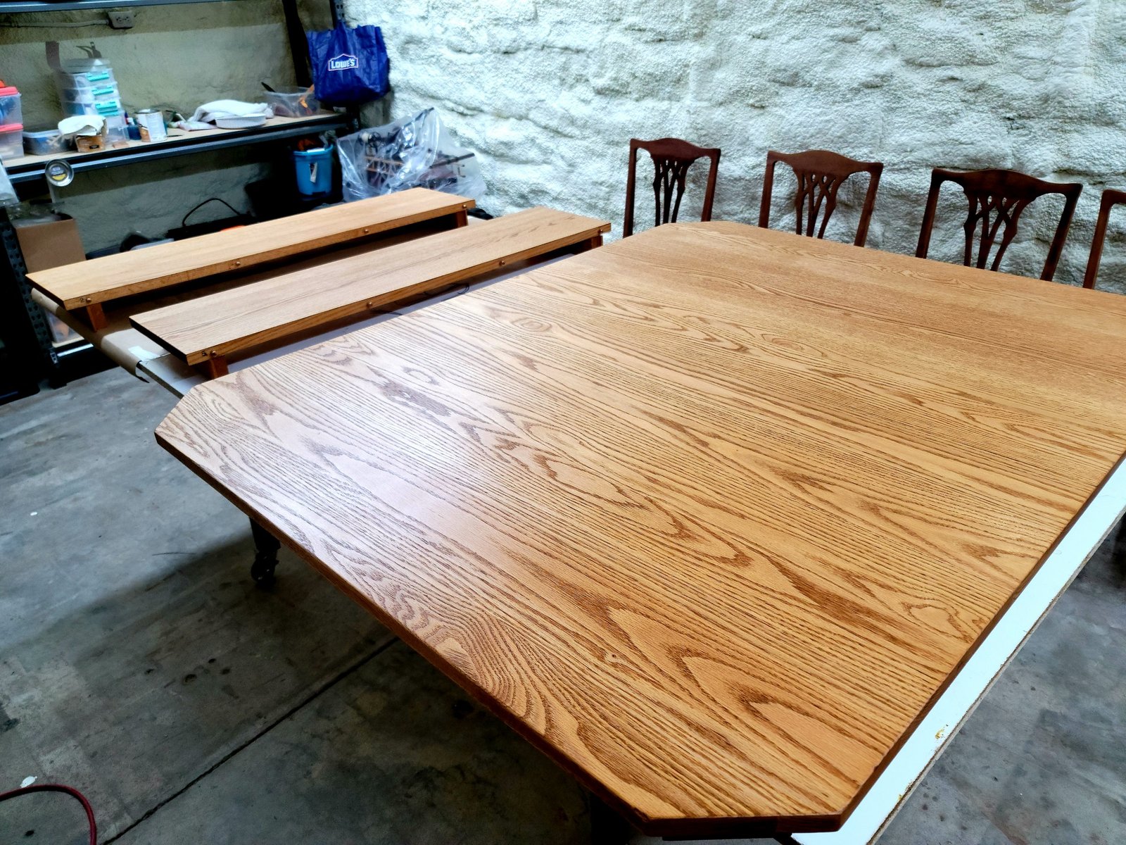 large oak tabletop after workshop view