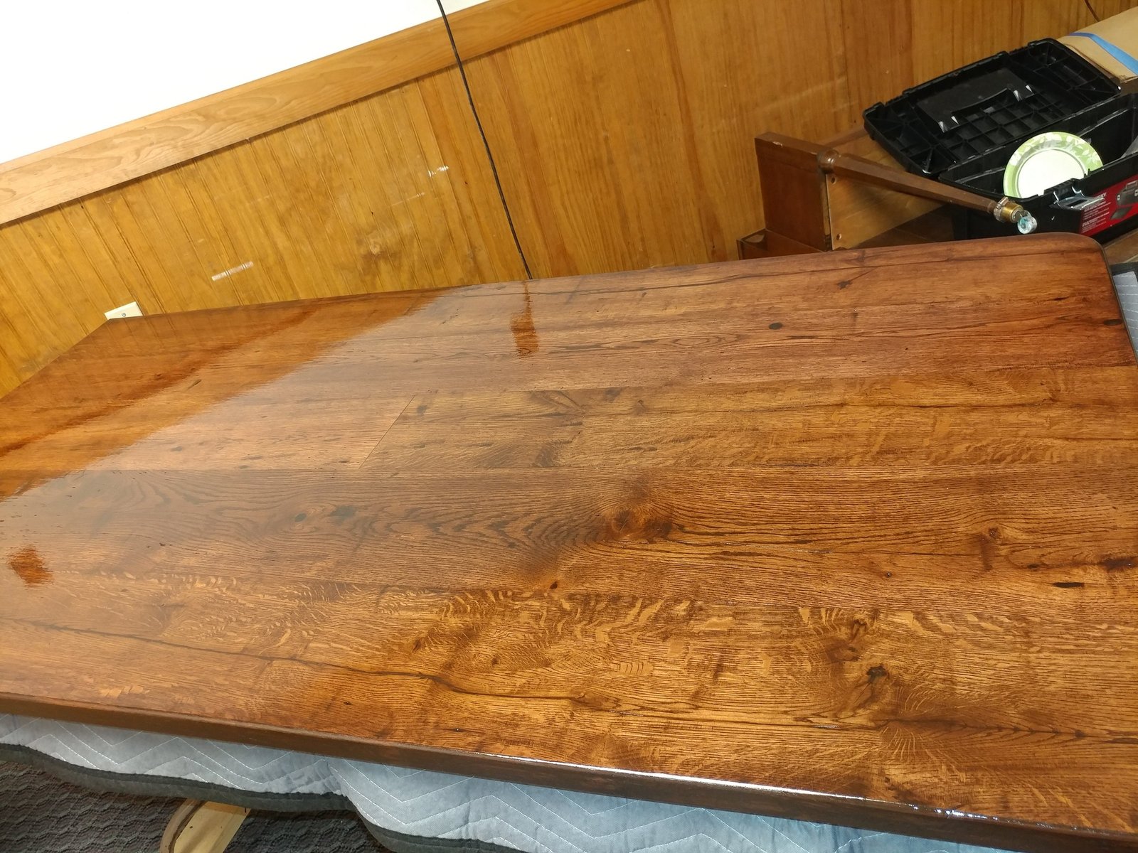 Large rustic plank dining table after refinishing