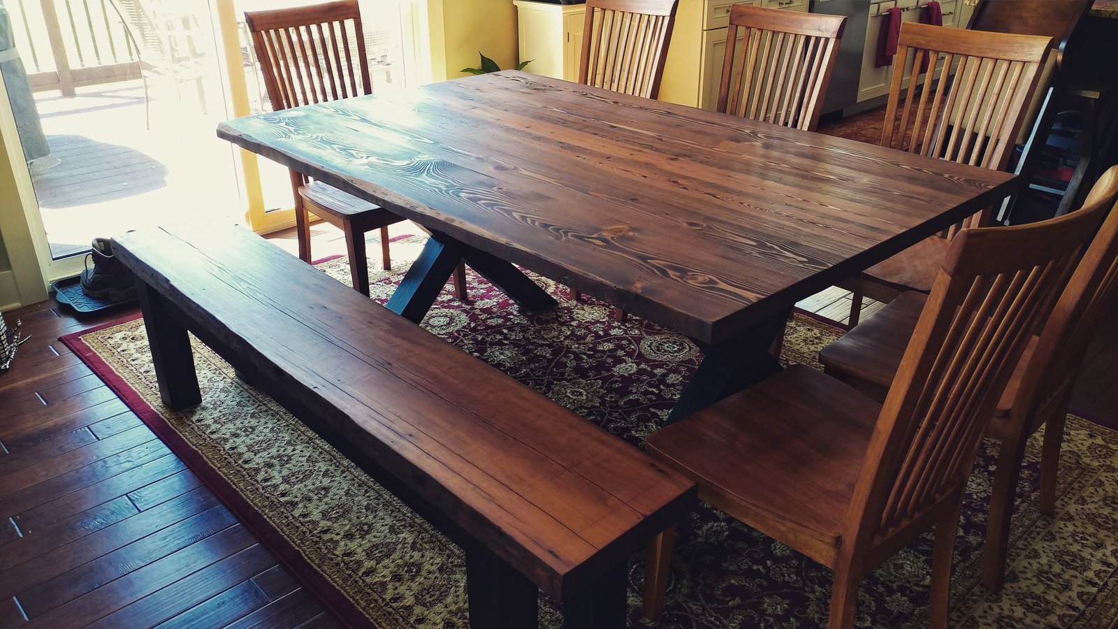 farmhouse table and bench after refinishing