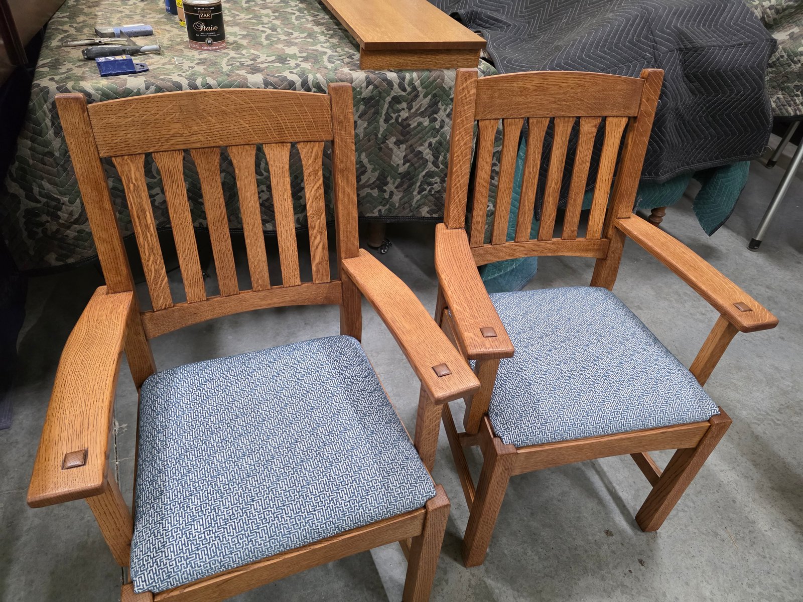 mission oak armchairs after refinishing