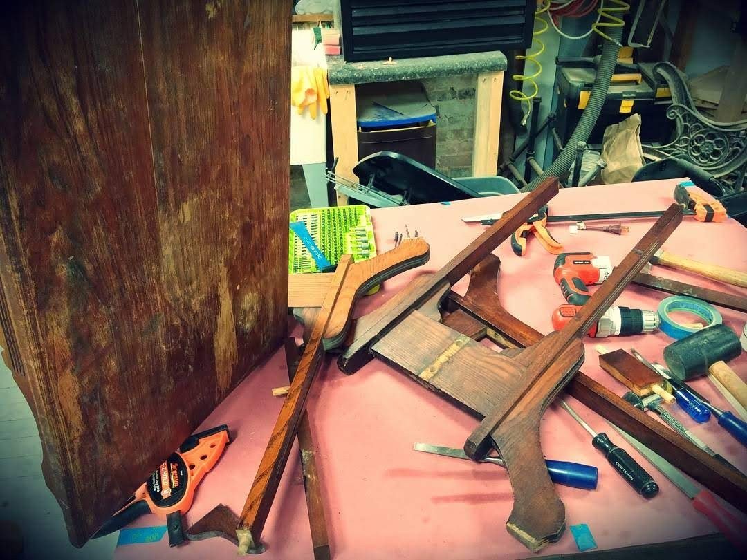 antique pedestal table disassembled repair