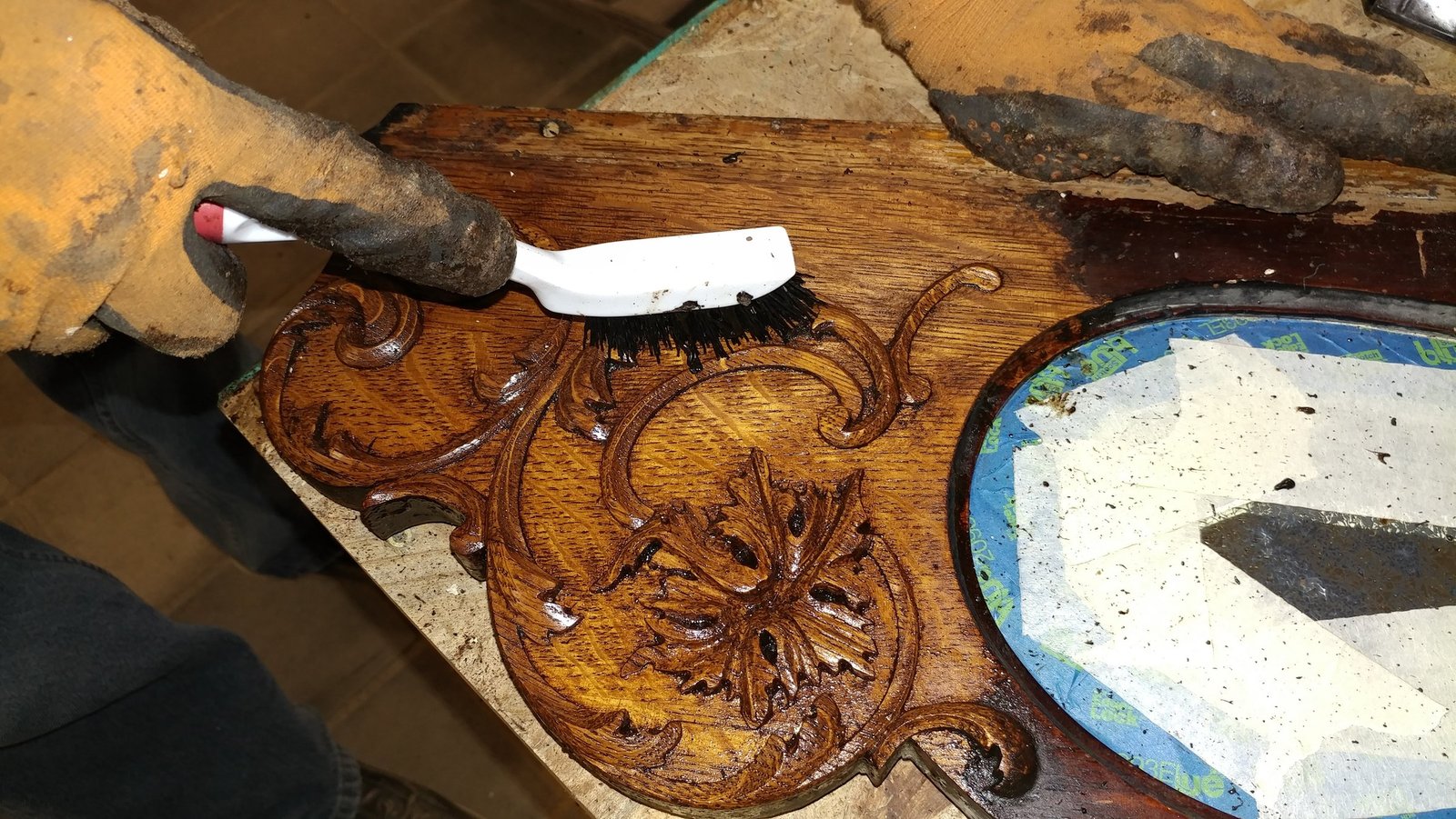 carved furniture restoration scraping detail