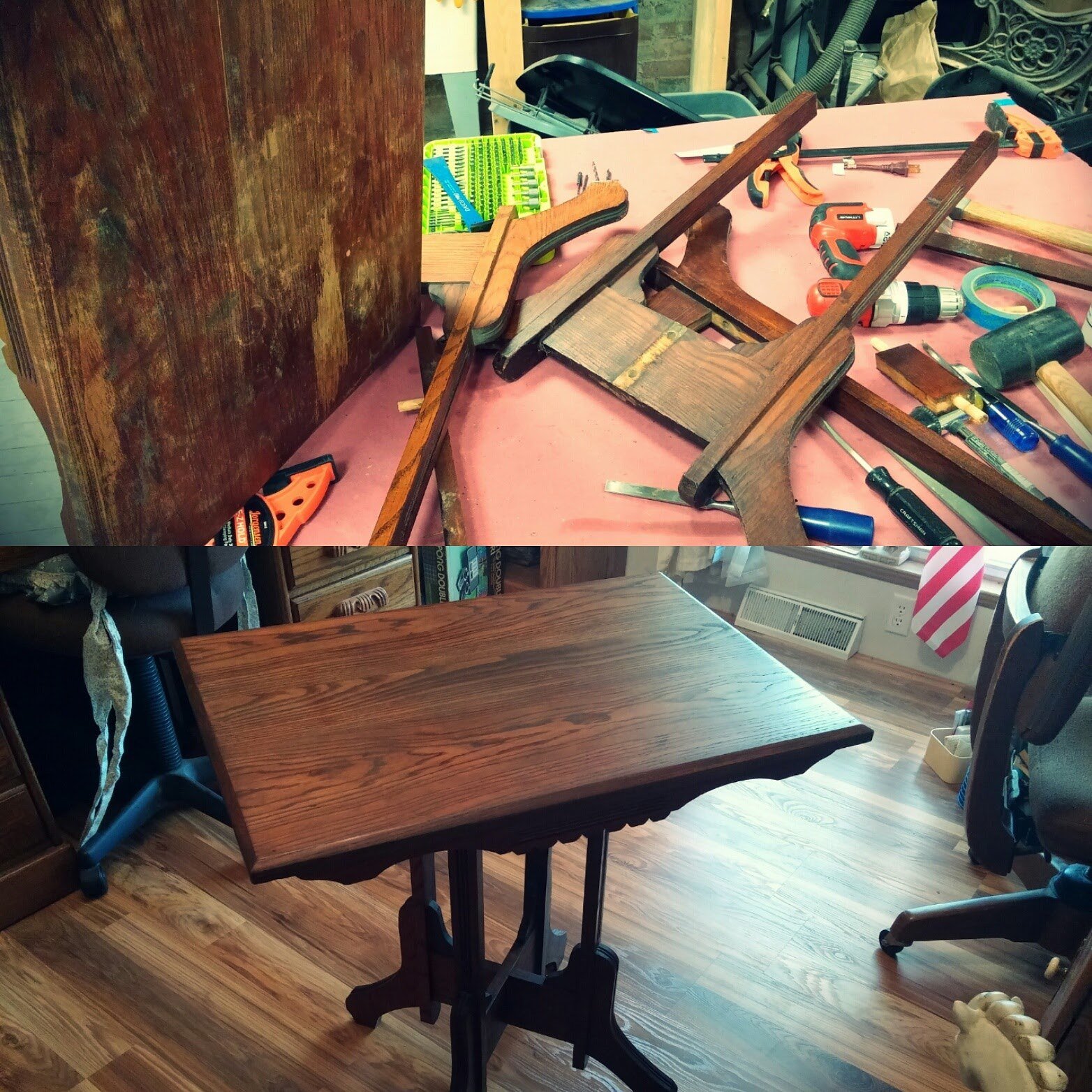 antique table repair process and after