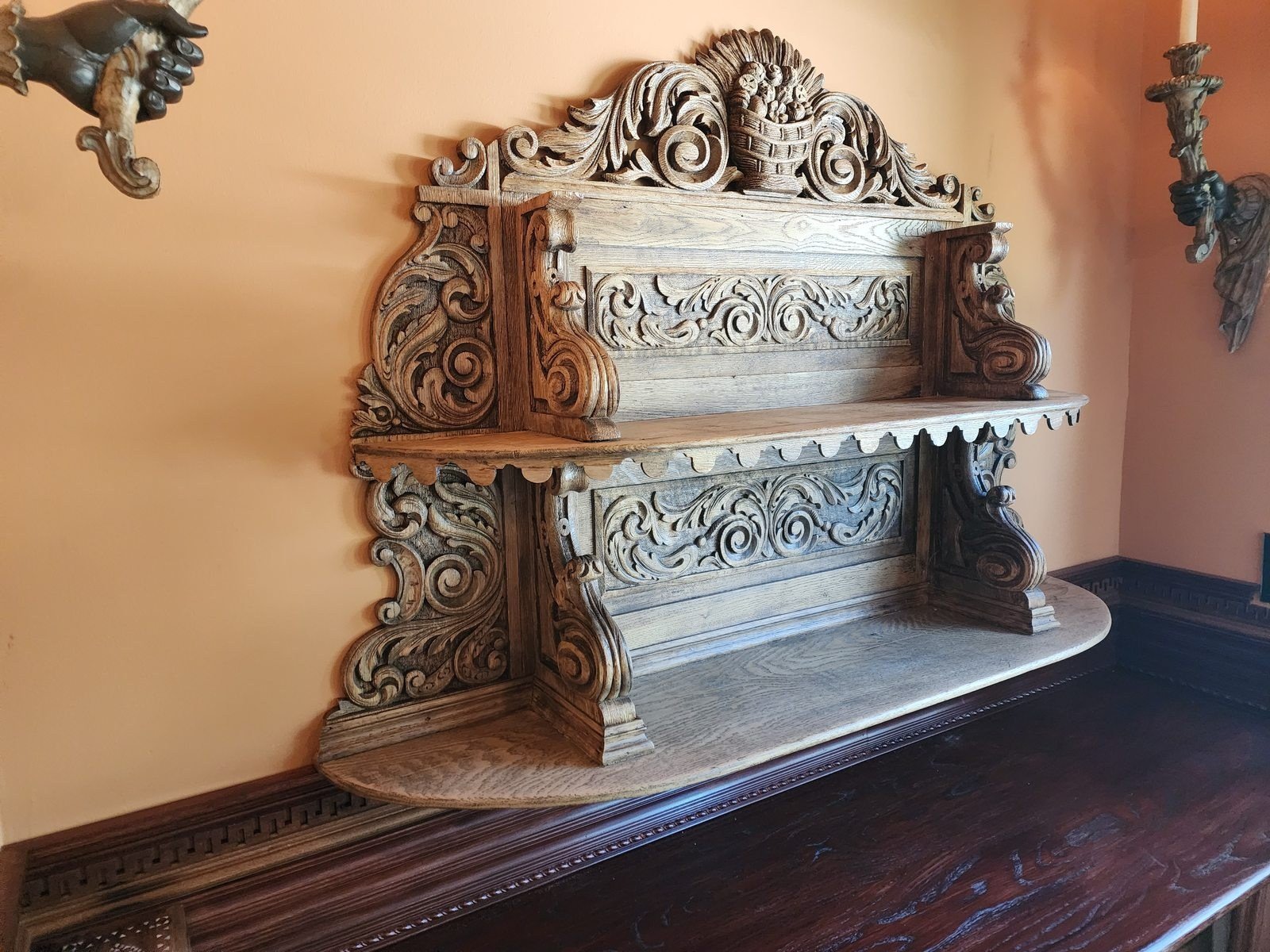 antique carved bench restored detail