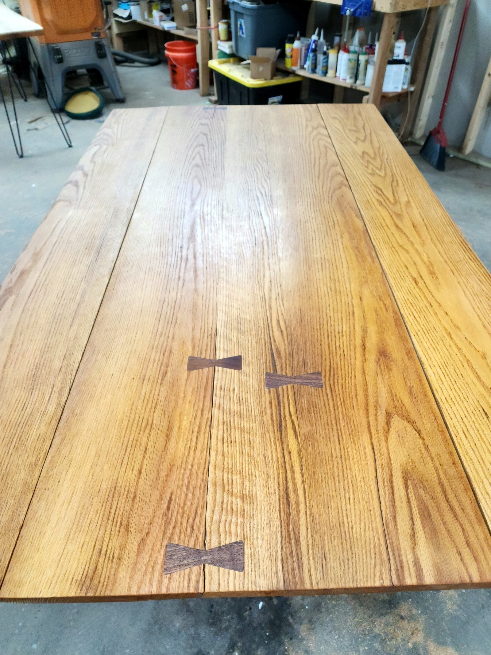 oak tabletop butterfly inlay after