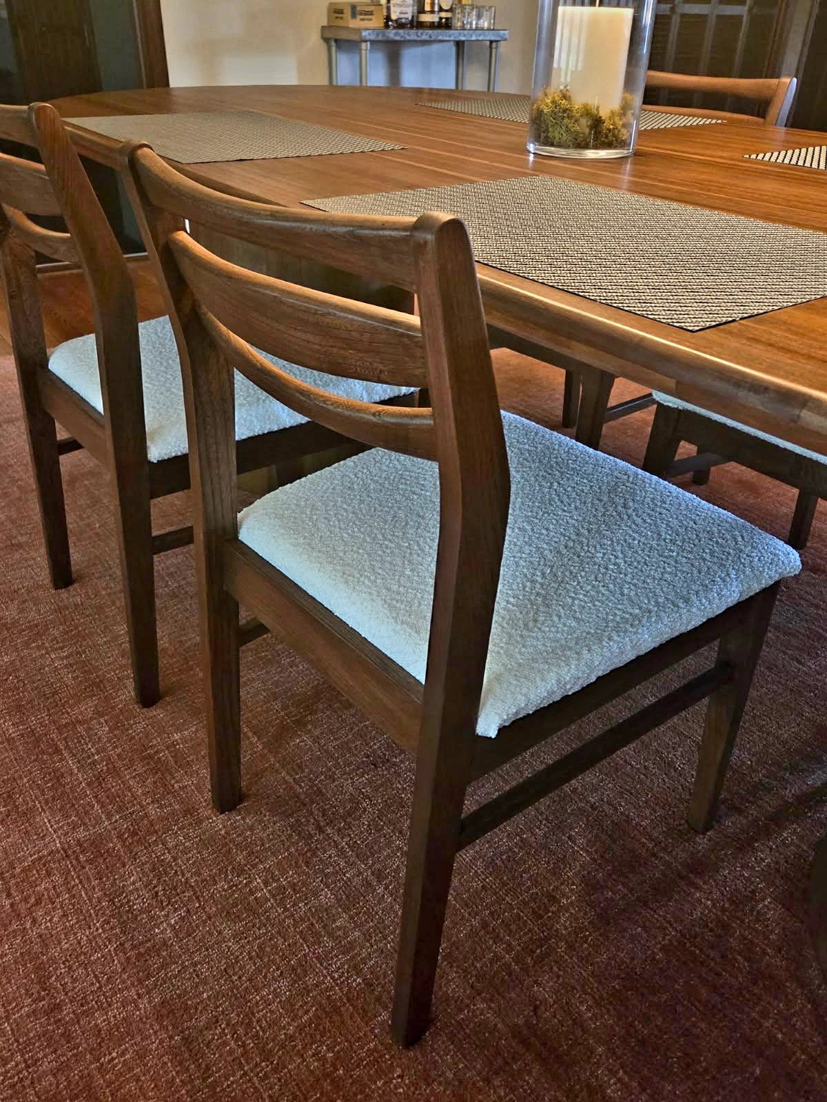 Refinished mid-century walnut dining chairs with new upholstery