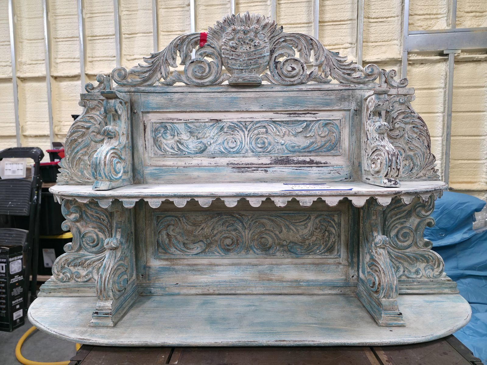 Carved wooden bench before restoration, Rogers AR