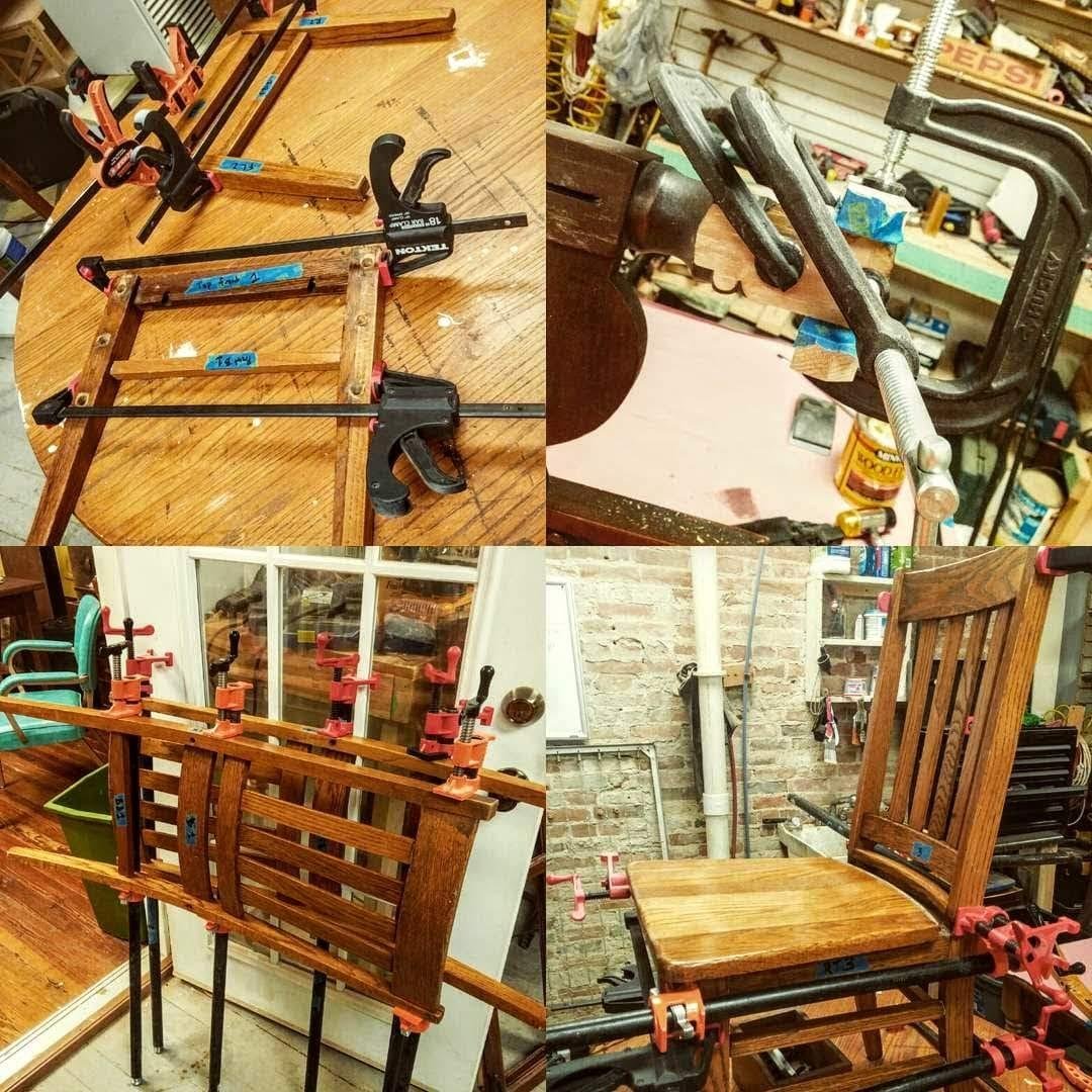 Chair repair with clamps and glue