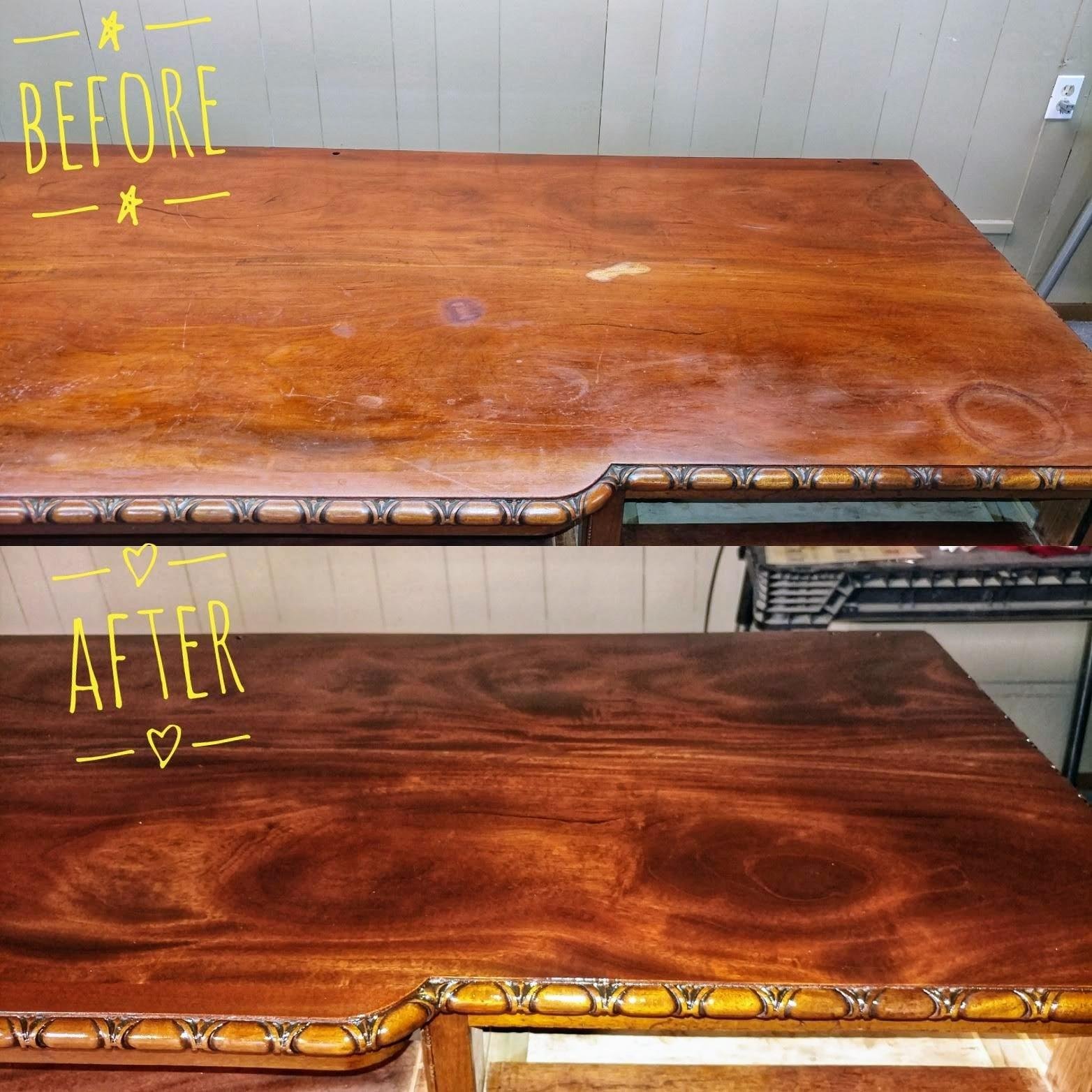 Desk surface before and after refinishing