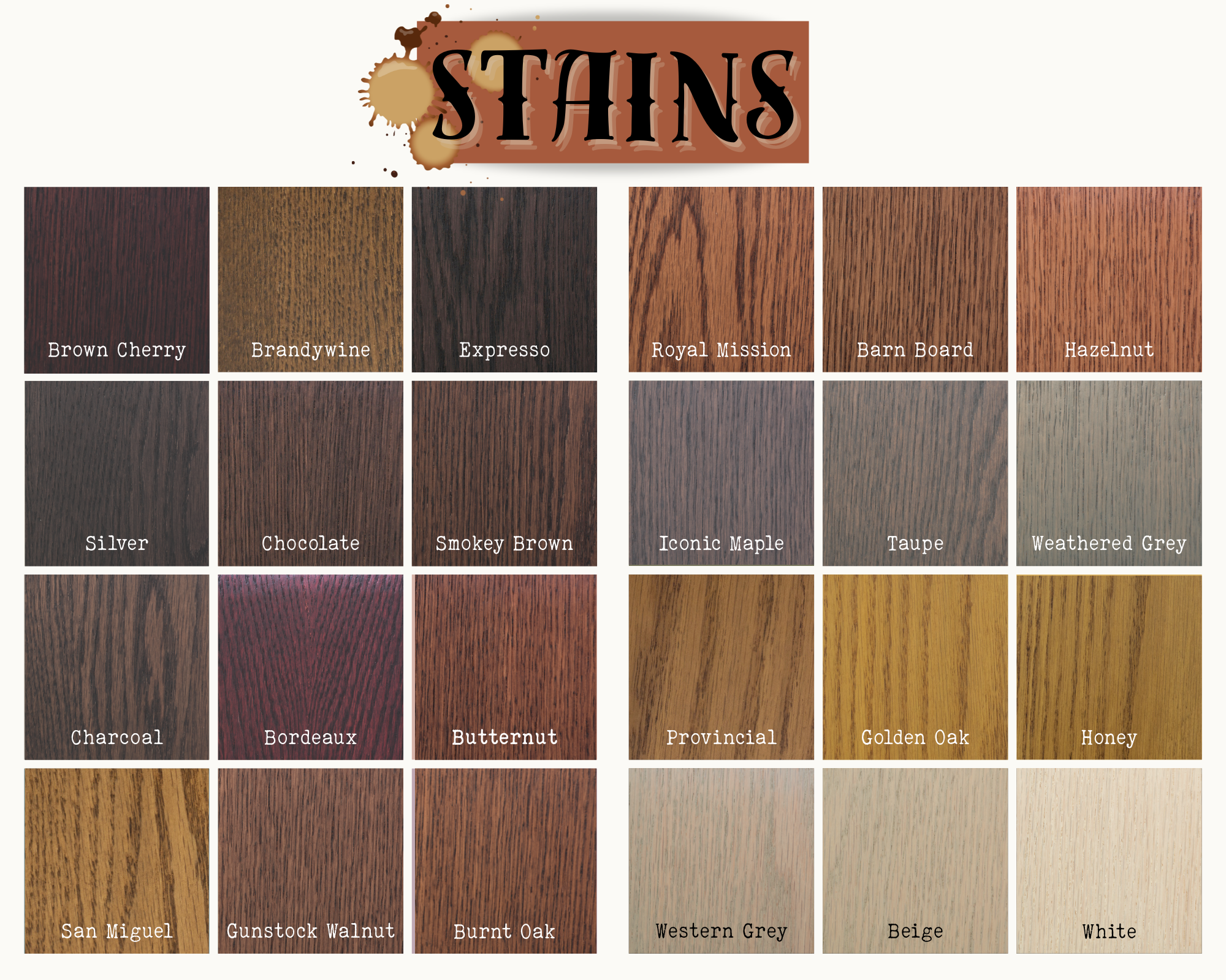 Wood stain color chart showing a variety of finish options.