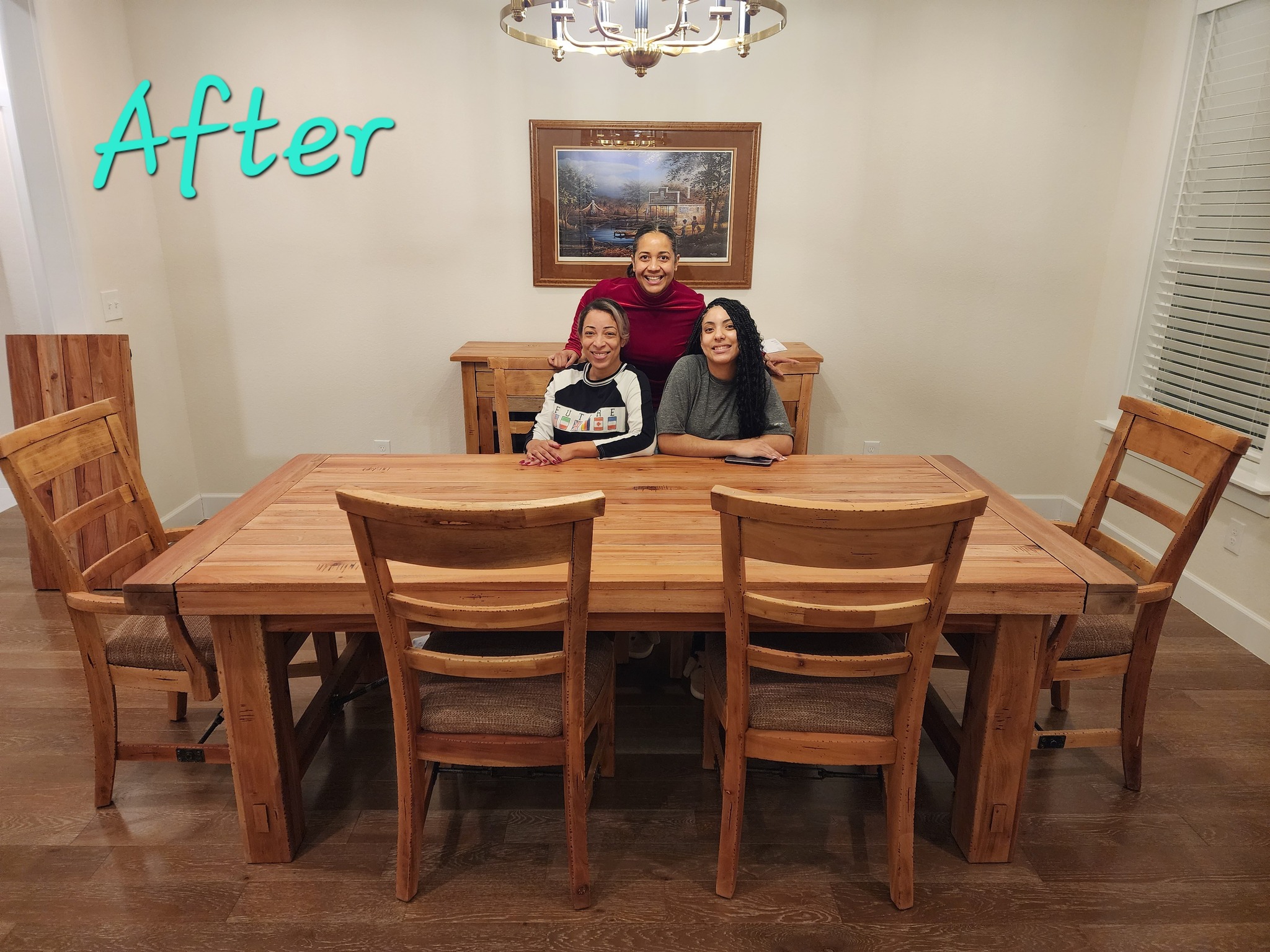 Large farmhouse dining table and chairs fully refinished with a natural wood finish.