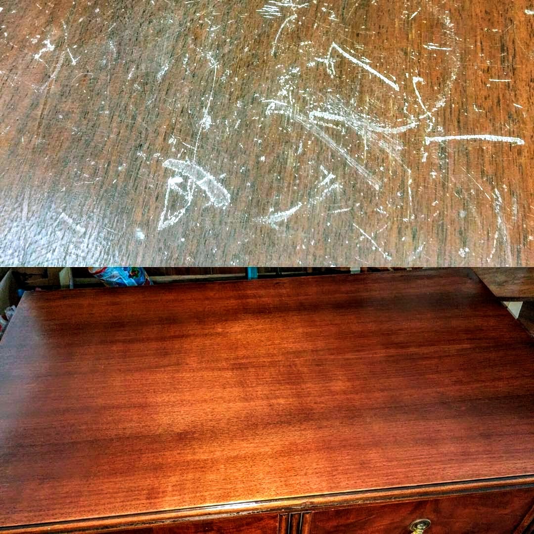Before and after comparison of a scratched wood tabletop repaired through refinishing.