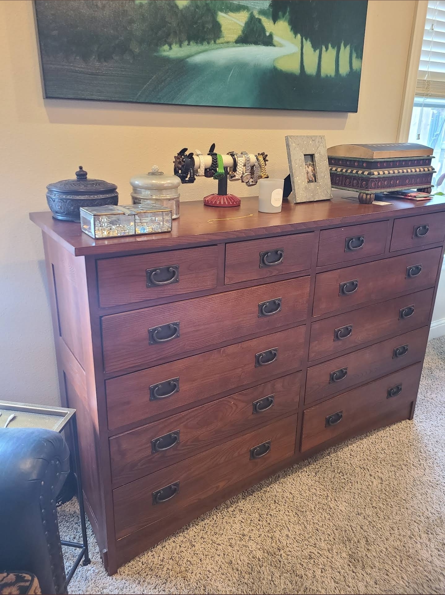 Large wooden dresser showing the original finish before refinishing.